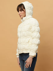 Beatnik Casual Wear Hooded Sleeve Puffer Hip Length Off White Jacket