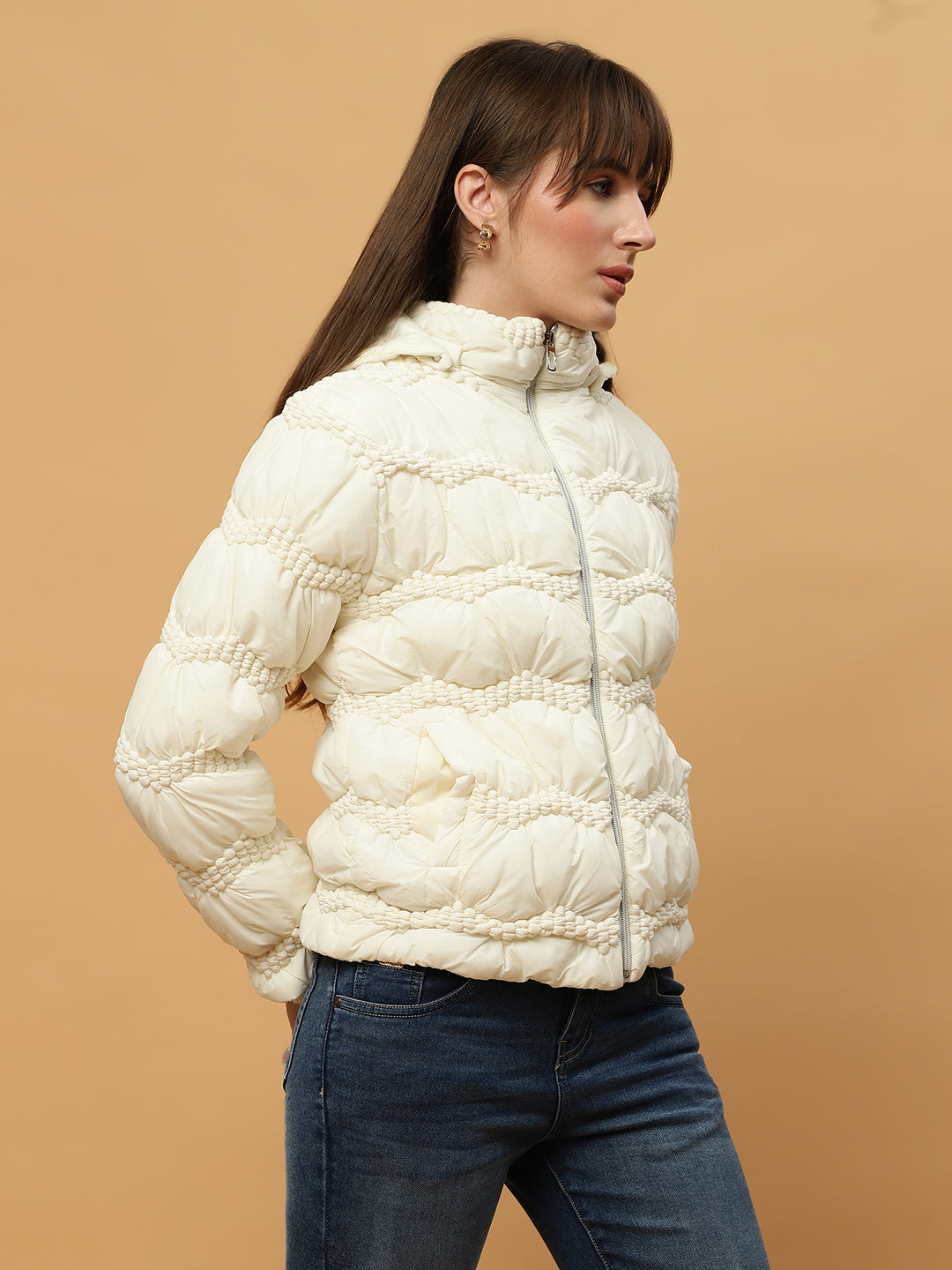 Beatnik Casual Wear Hooded Sleeve Puffer Hip Length Off White Jacket