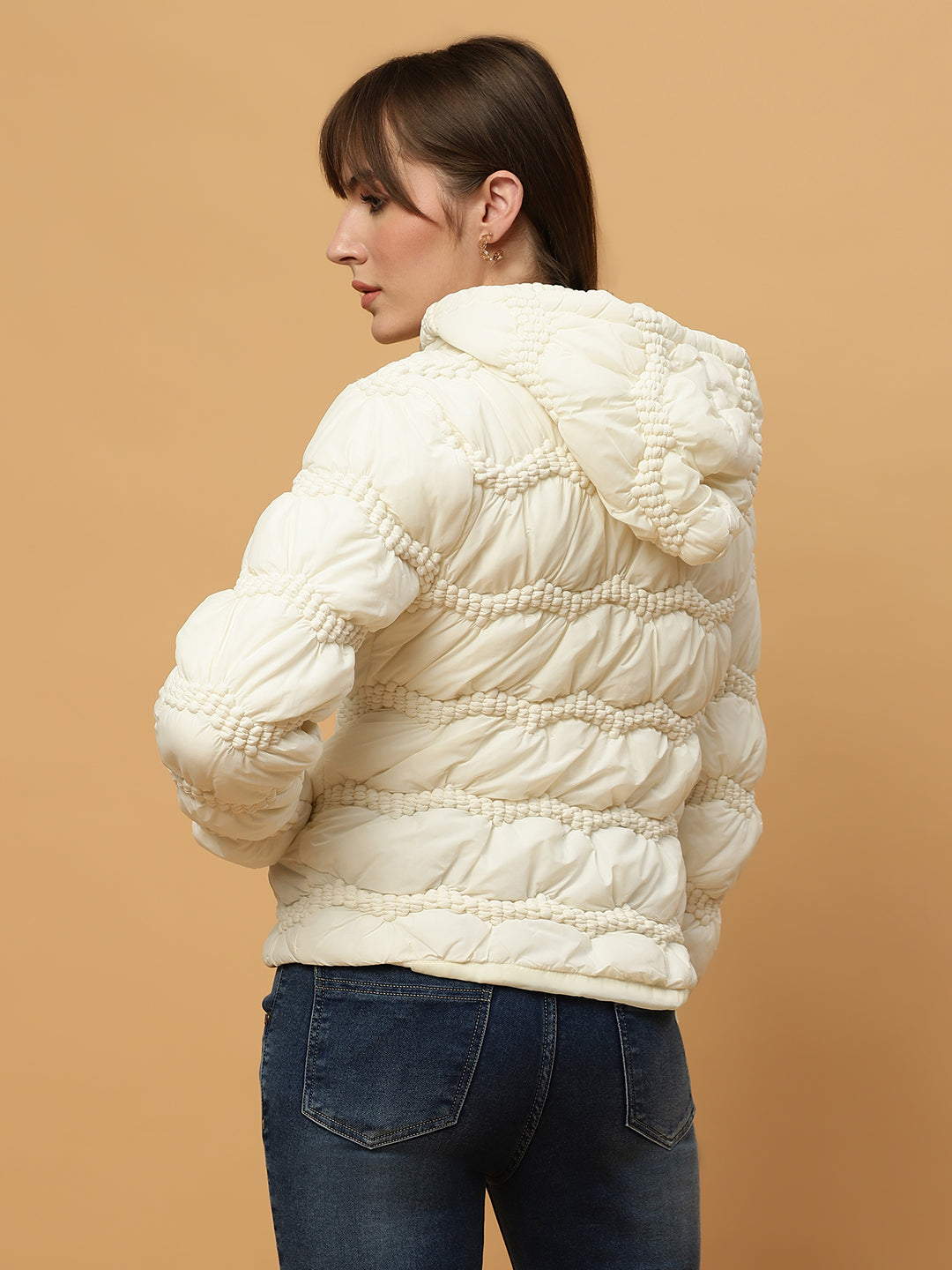 Beatnik Casual Wear Hooded Sleeve Puffer Hip Length Off White Jacket