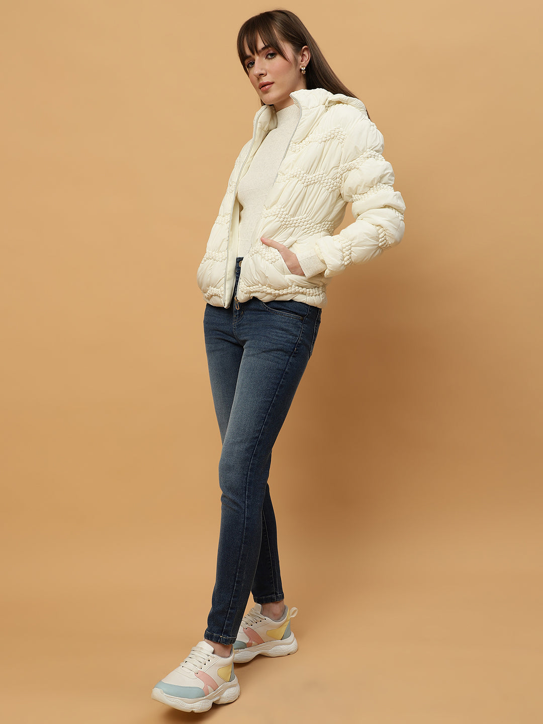 Beatnik Casual Wear Hooded Sleeve Puffer Hip Length Off White Jacket