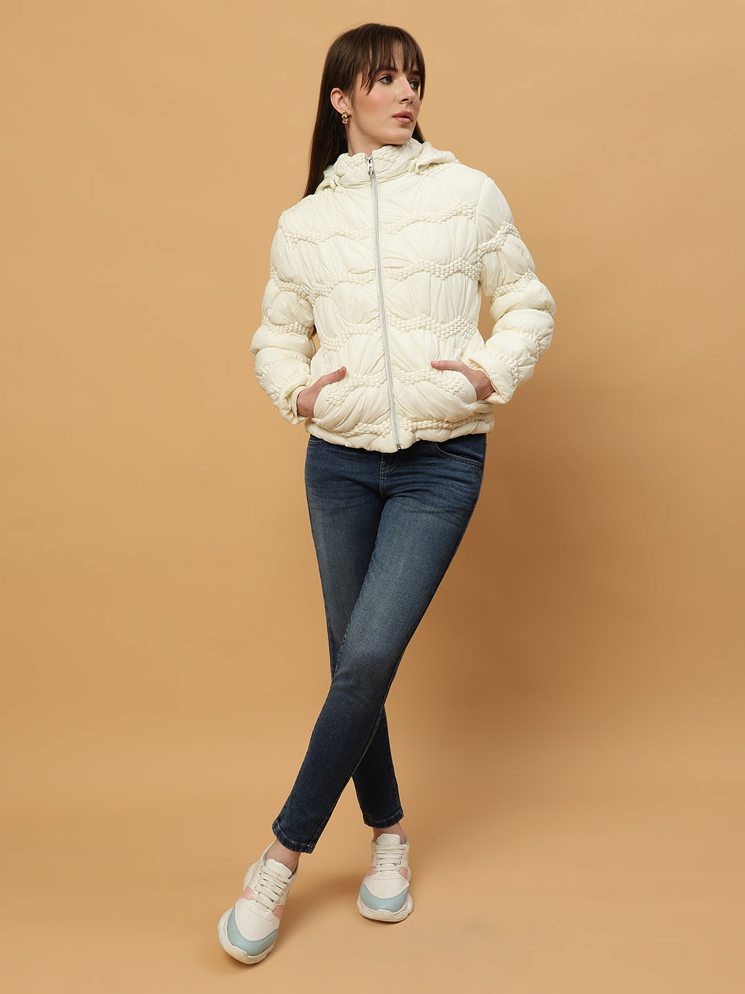 Beatnik Casual Wear Hooded Sleeve Puffer Hip Length Off White Jacket