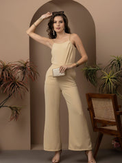 Beatnik Beige Party Wear Wide Leg 	U Neck Jumpsuit