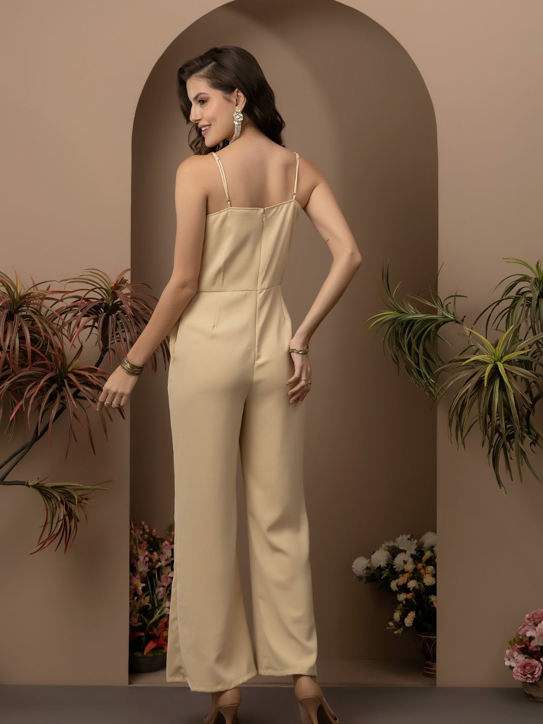 Beatnik Beige Party Wear Wide Leg 	U Neck Jumpsuit