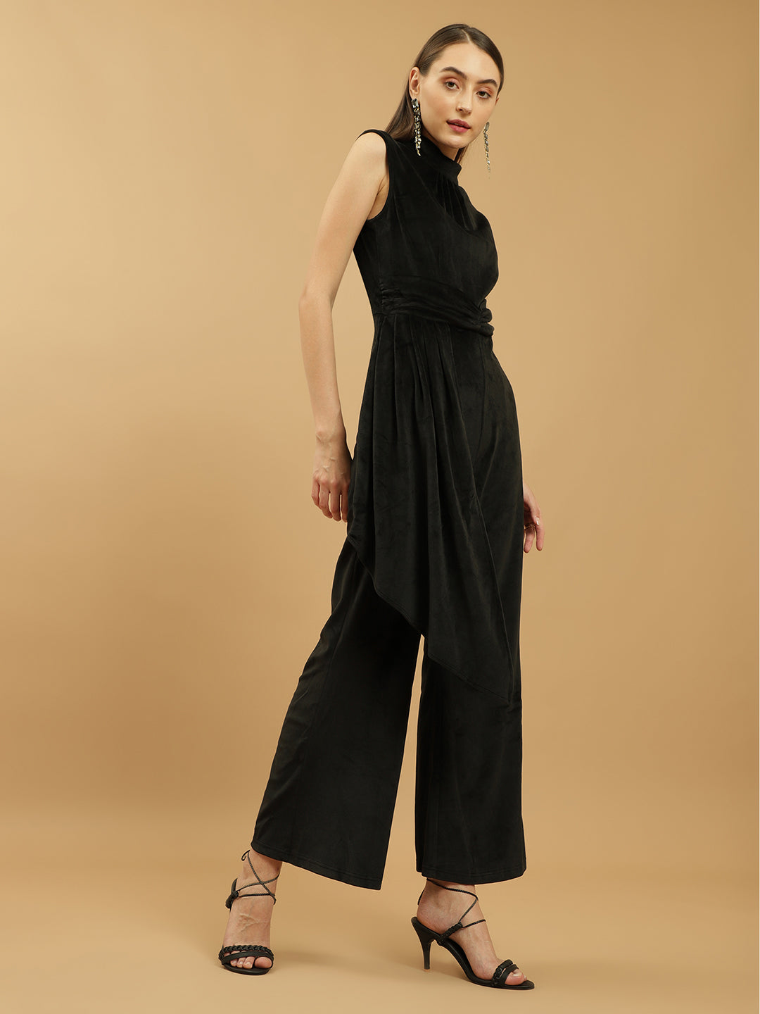 Wide Leg Velvet Full-Length Black Jumpsuit with Fitted Bodice and Halter Neck