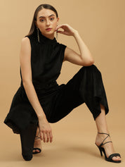 Wide Leg Velvet Full-Length Black Jumpsuit with Fitted Bodice and Halter Neck