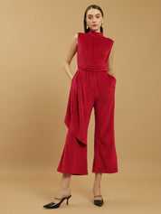 Wide Leg Velvet Full-Length Maroon Jumpsuit with Fitted Bodice and Halter Neck