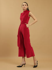 Wide Leg Velvet Full-Length Maroon Jumpsuit with Fitted Bodice and Halter Neck