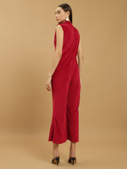 Wide Leg Velvet Full-Length Maroon Jumpsuit with Fitted Bodice and Halter Neck