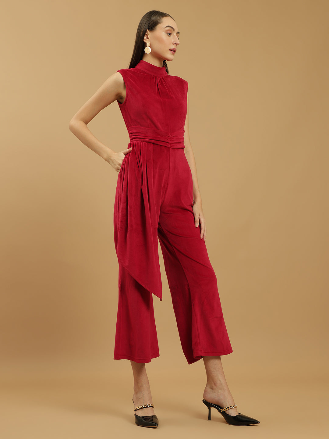 Wide Leg Velvet Full-Length Maroon Jumpsuit with Fitted Bodice and Halter Neck