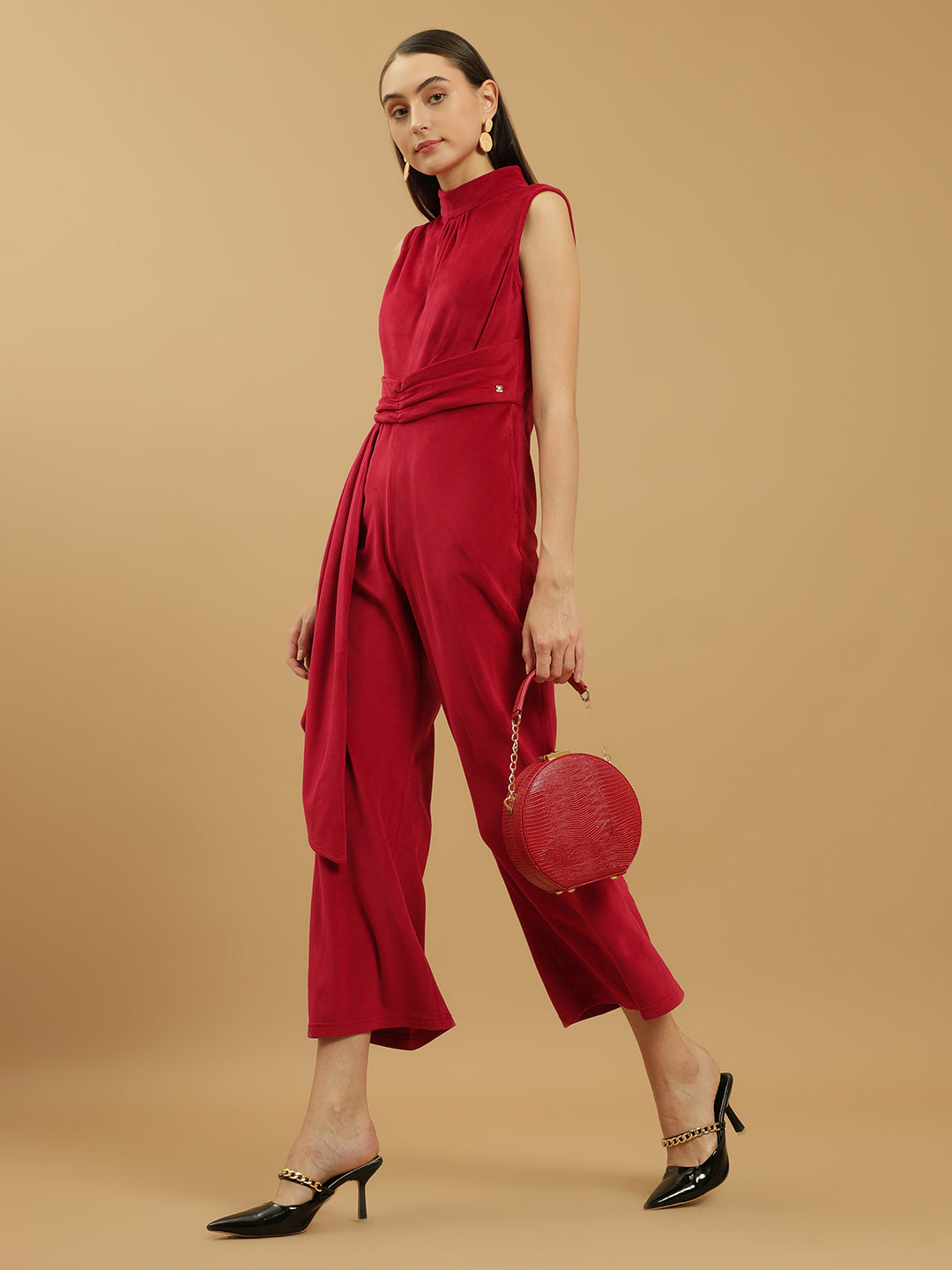 Wide Leg Velvet Full-Length Maroon Jumpsuit with Fitted Bodice and Halter Neck