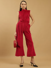 Wide Leg Velvet Full-Length Maroon Jumpsuit with Fitted Bodice and Halter Neck