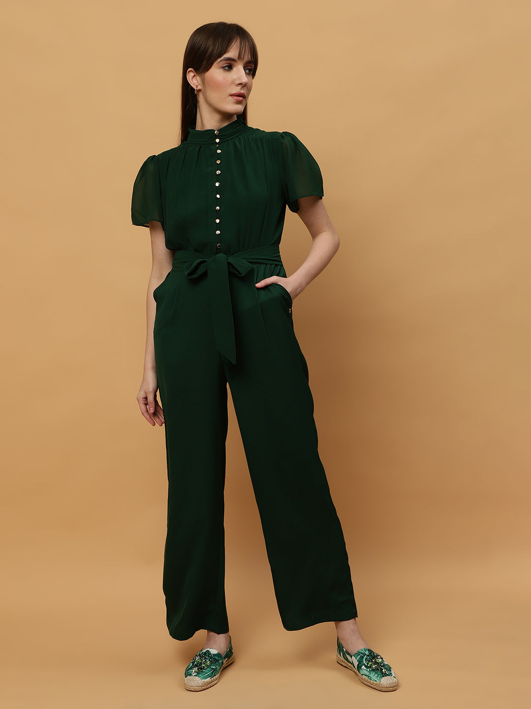 Beatnik Straight Ankle-length Self Dark Green Women Jumpsuits