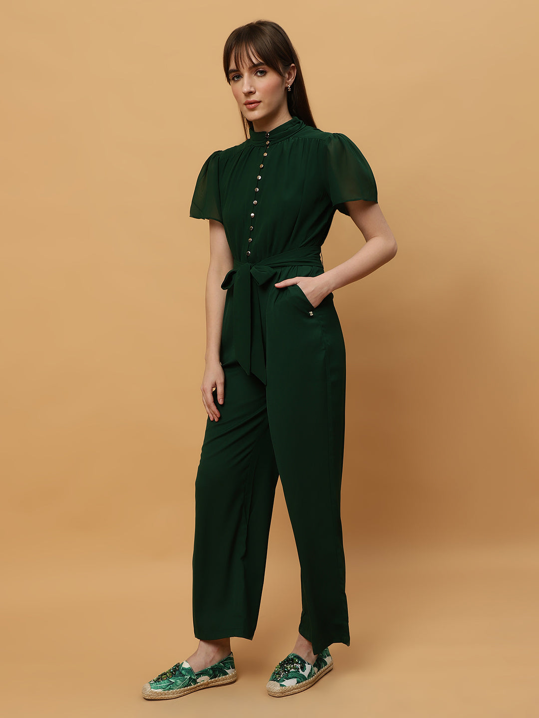 Beatnik Straight Ankle-length Self Dark Green Women Jumpsuits