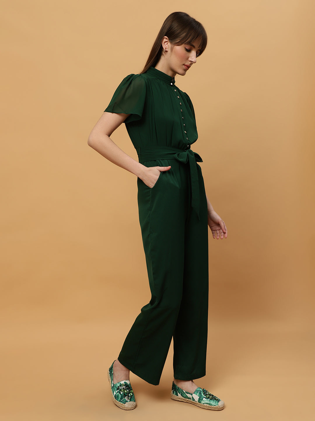 Beatnik Straight Ankle-length Self Dark Green Women Jumpsuits