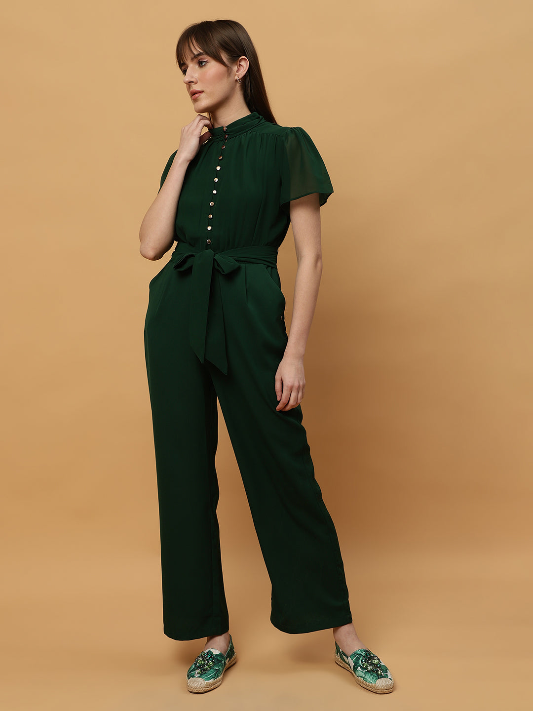 Beatnik Straight Ankle-length Self Dark Green Women Jumpsuits