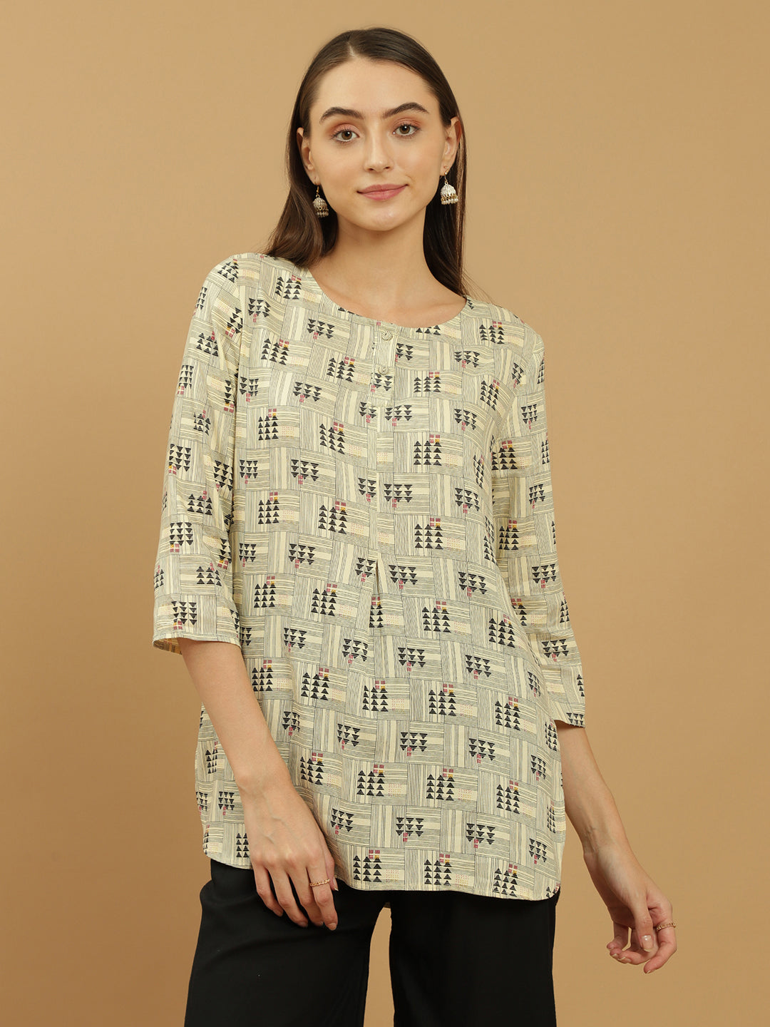 Beatnik Round Neck Beige Women Kurti Beatnik India