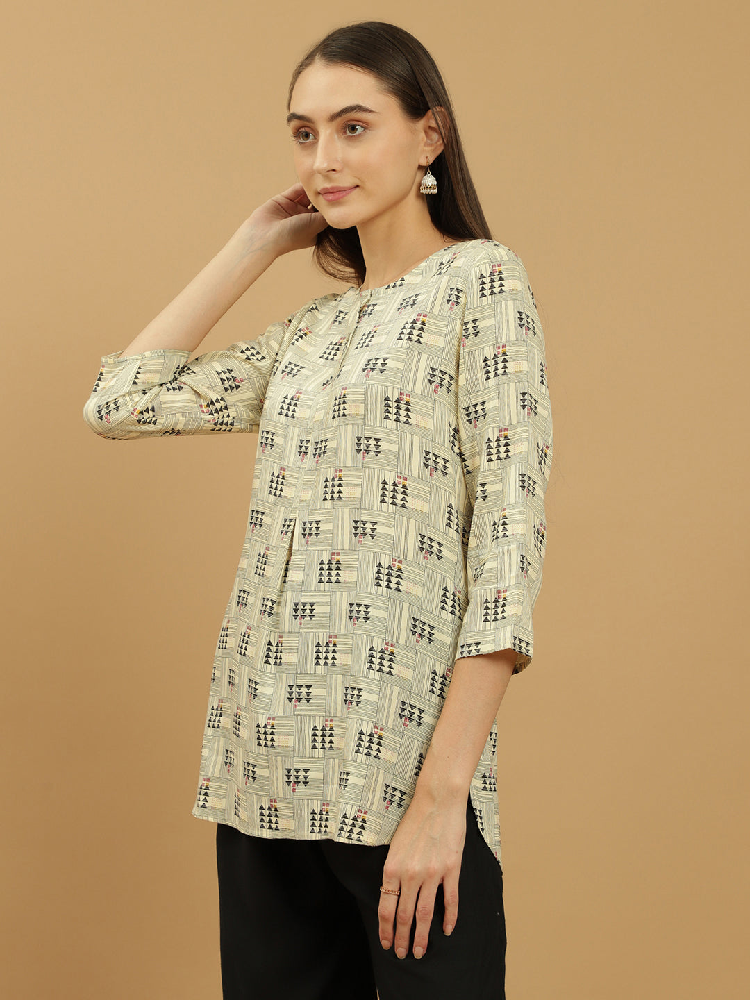 Beatnik Round Neck Beige Women Kurti Beatnik India