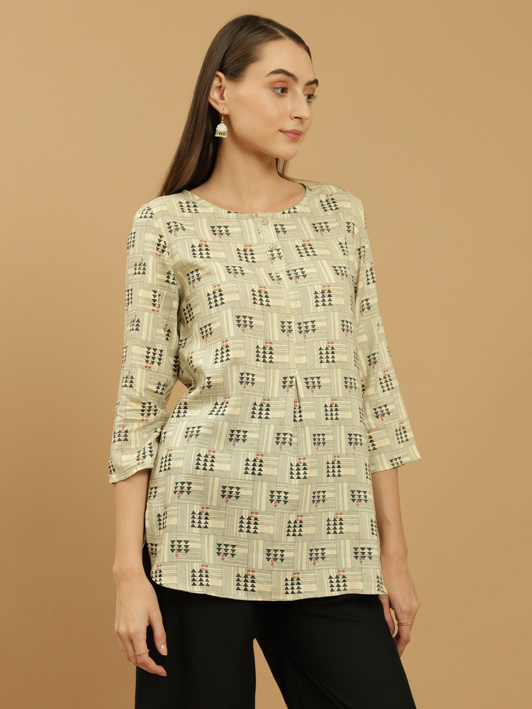 Beatnik Round Neck Beige Women Kurti Beatnik India