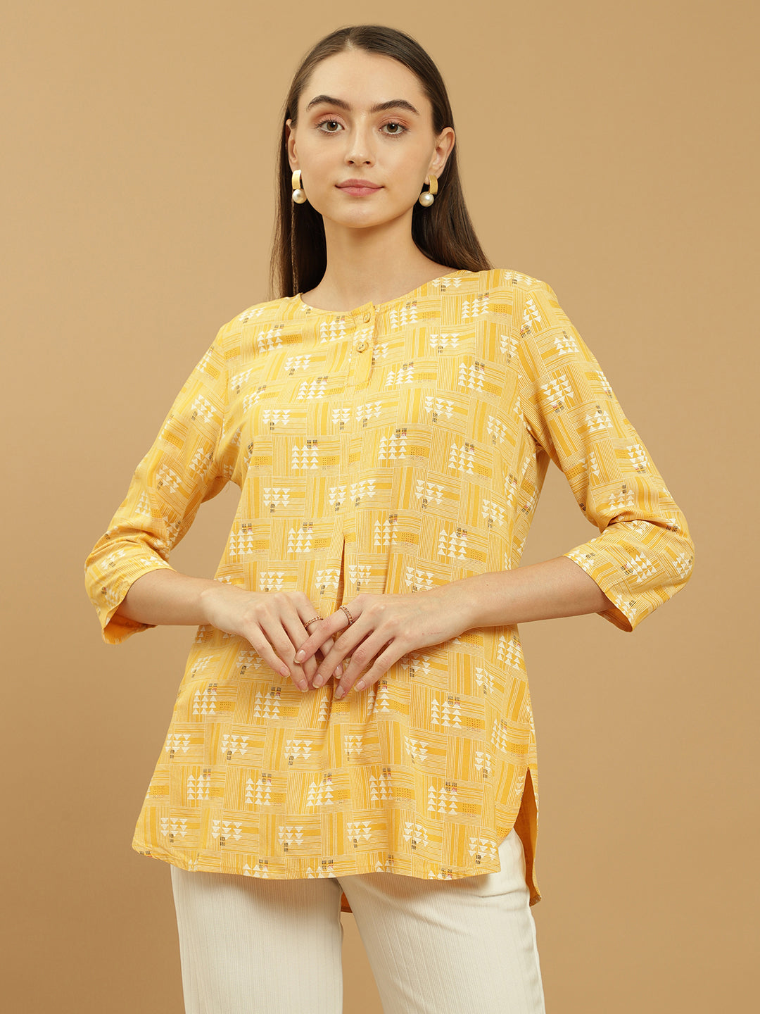 Beatnik Round Neck Yellow Women Tunics Beatnik India