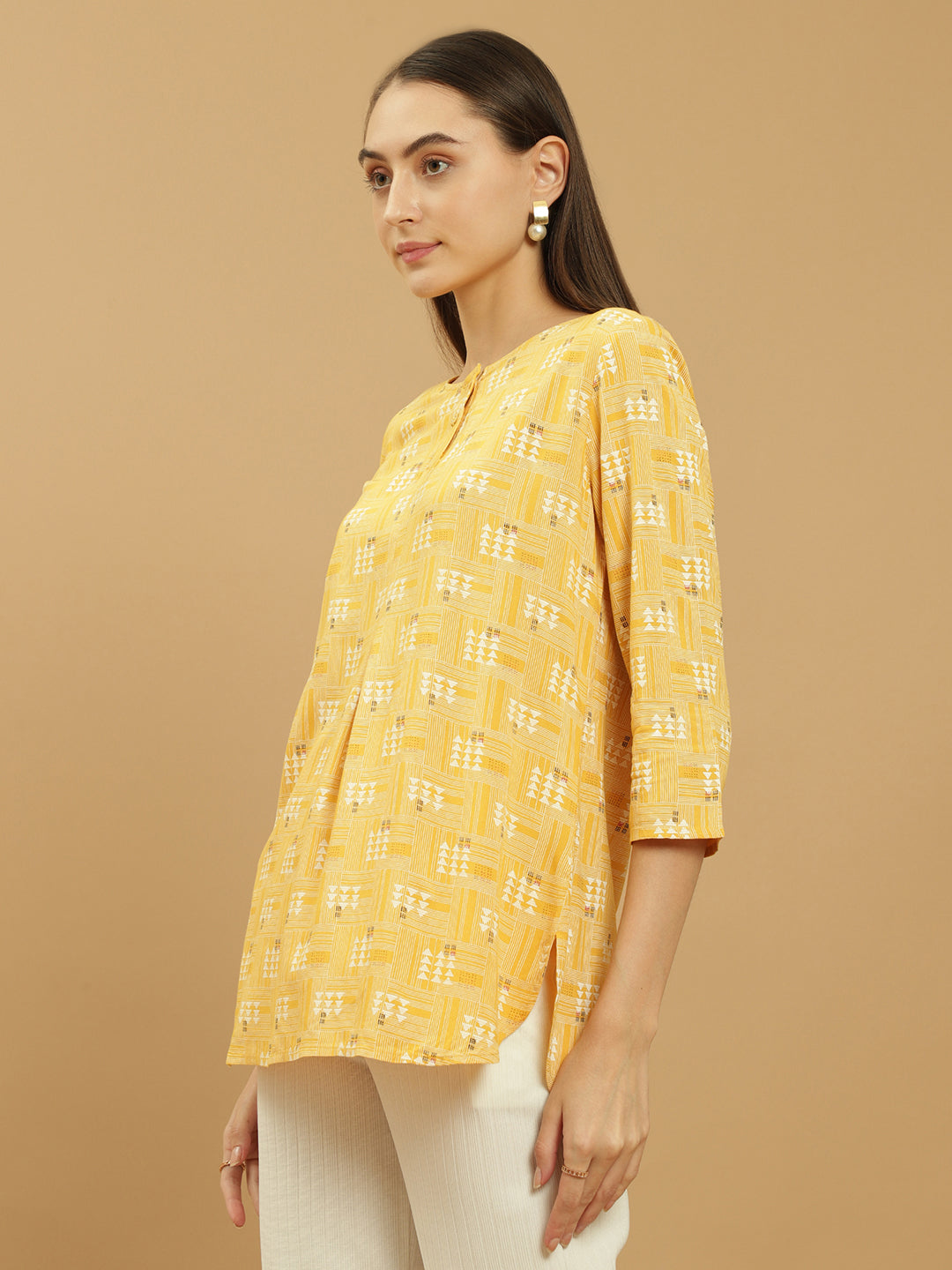 Beatnik Round Neck Yellow Women Tunics