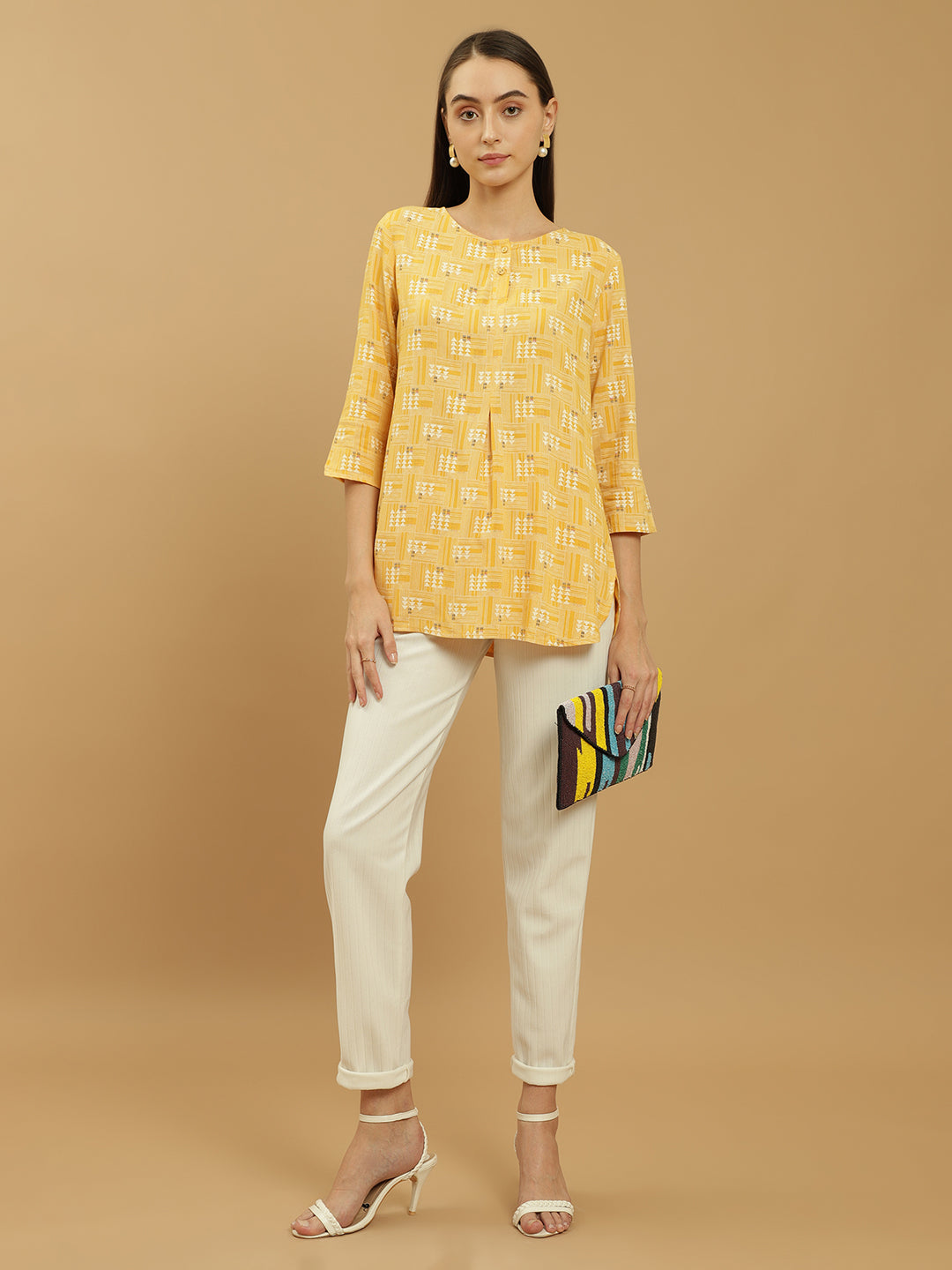 Beatnik Round Neck Yellow Women Tunics