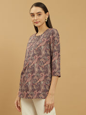 Beatnik Purple Printed Casual Wear 3/4th Sleeve Flared Tunic Beatnik India