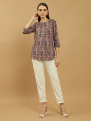 Beatnik Purple Printed Casual Wear 3/4th Sleeve Flared Tunic Beatnik India