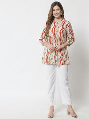 Beatnik Printed Casual Wear 3/4th Sleeve Mandarin Collar Flared Beige Tunic