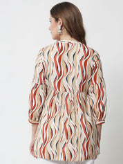 Beatnik Printed Casual Wear 3/4th Sleeve Mandarin Collar Flared Beige Tunic