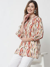 Beatnik Printed Casual Wear 3/4th Sleeve Mandarin Collar Flared Beige Tunic