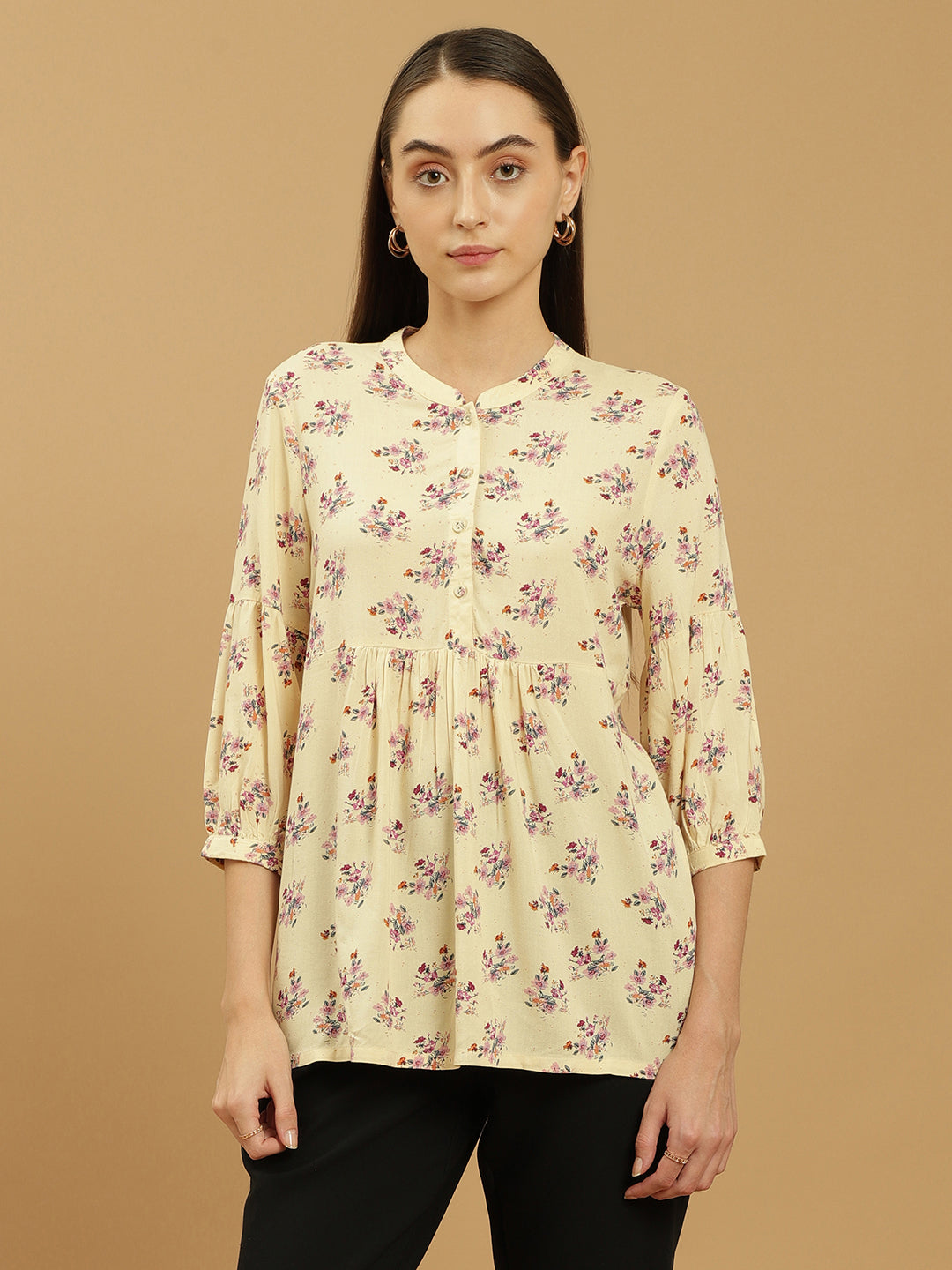 Beatnik Printed Casual Wear 3/4th Sleeve Flared Beige Tunic