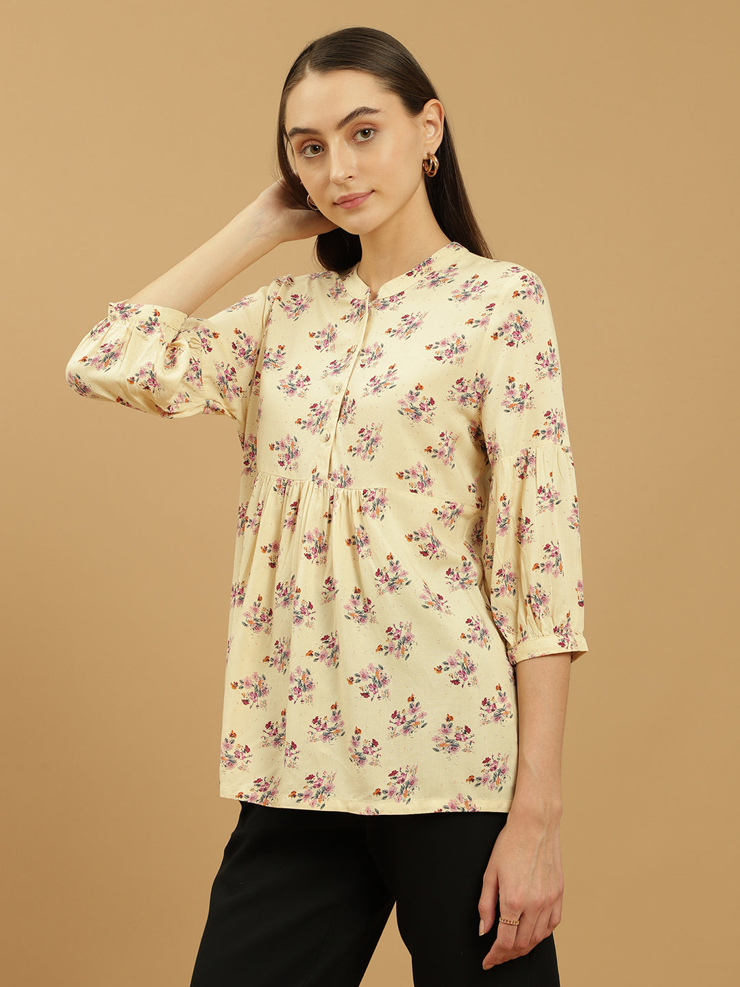 Beatnik Printed Casual Wear 3/4th Sleeve Flared Beige Tunic