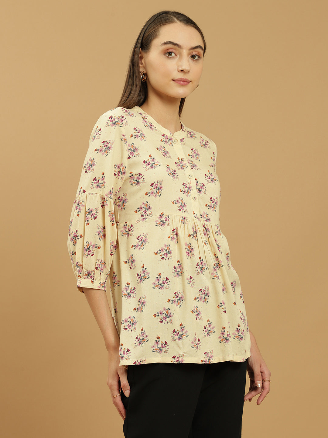 Beatnik Printed Casual Wear 3/4th Sleeve Flared Beige Tunic