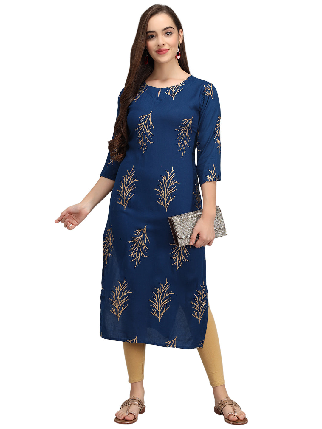 Beatnik Printed Blue Casual Wear 3/4th Sleeve A-line Kurti