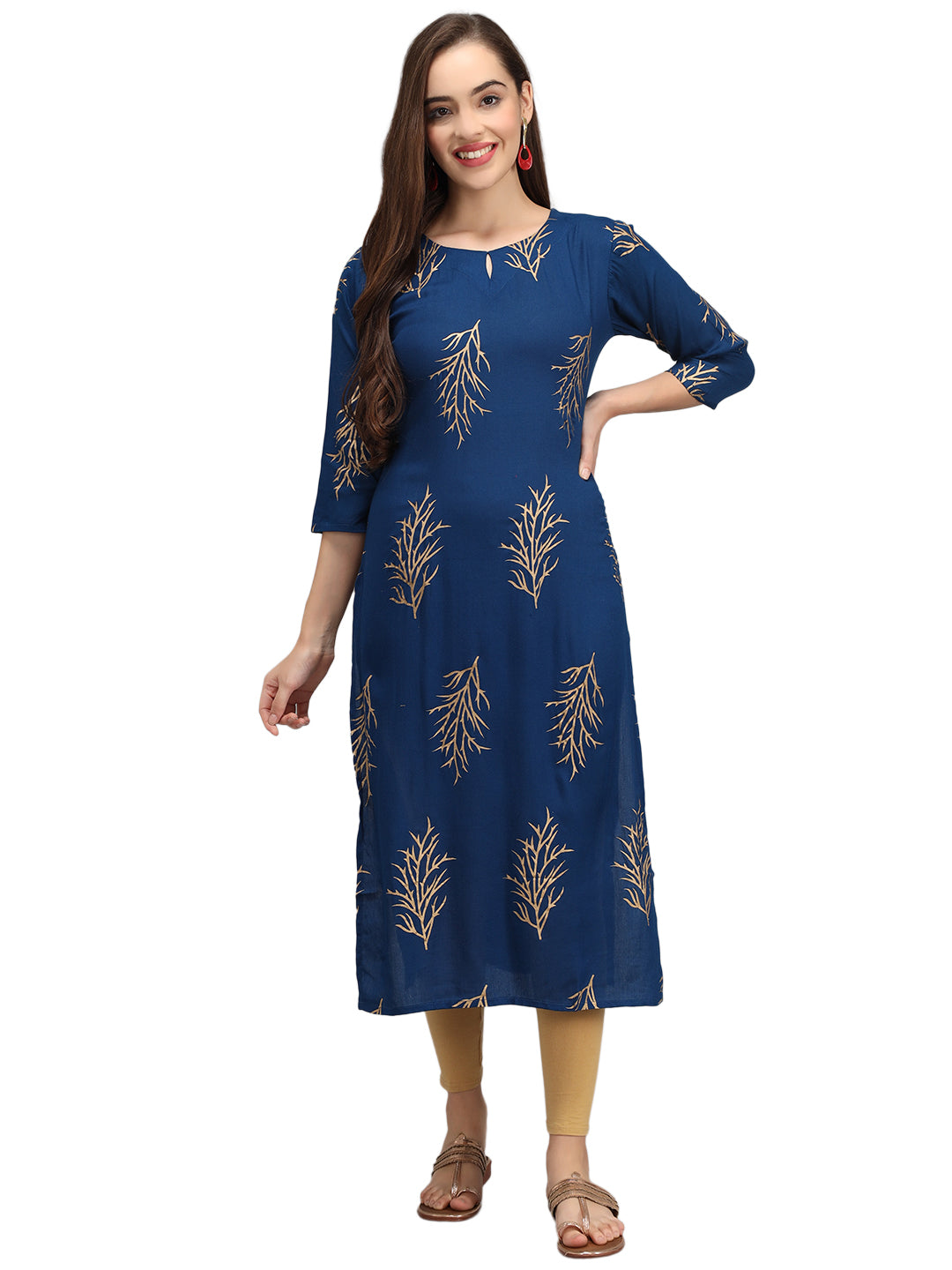 Beatnik Printed Blue Casual Wear 3/4th Sleeve A-line Kurti