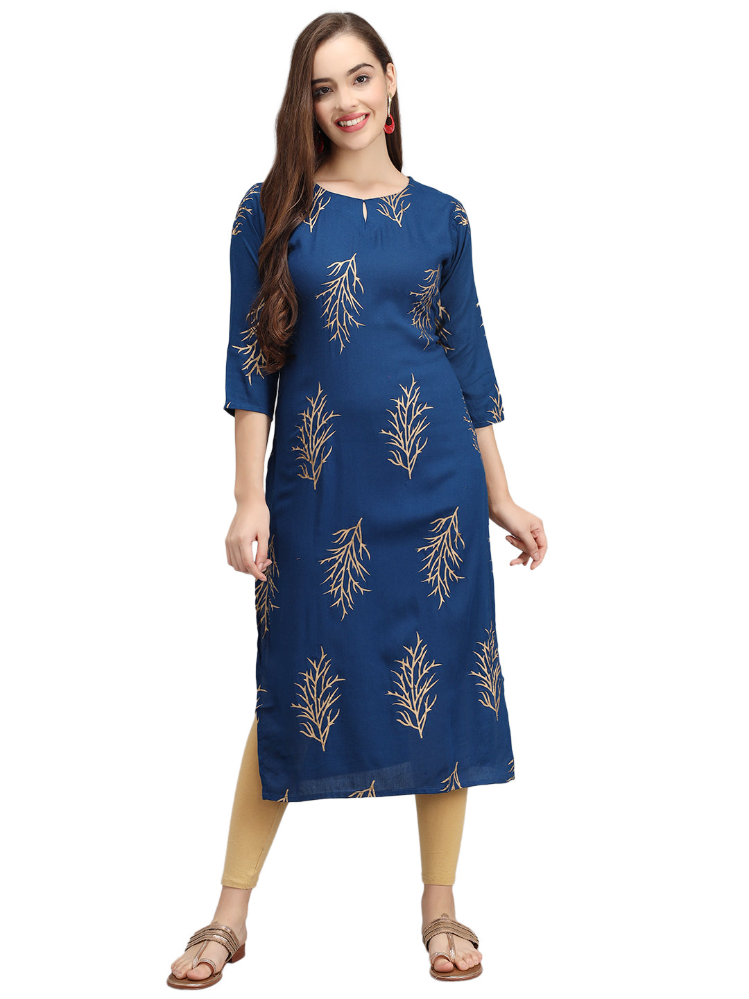 Beatnik Printed Blue Casual Wear 3/4th Sleeve A-line Kurti