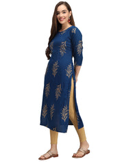 Beatnik Printed Blue Casual Wear 3/4th Sleeve A-line Kurti