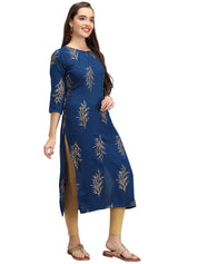 Beatnik Printed Blue Casual Wear 3/4th Sleeve A-line Kurti