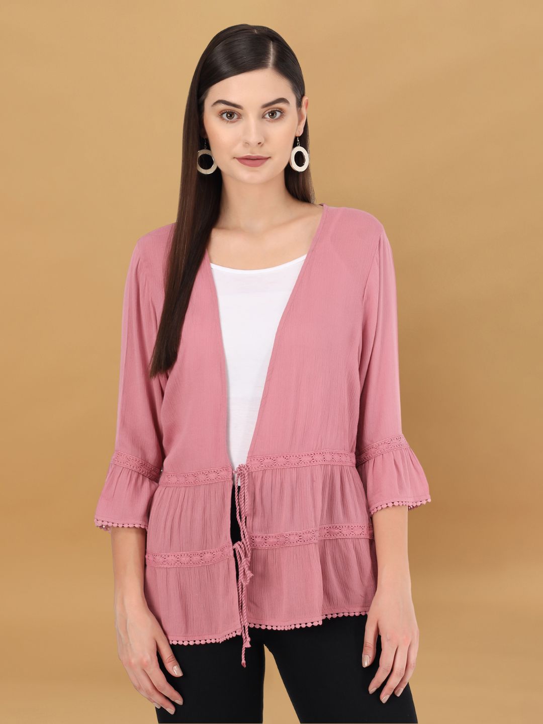 Beatnik Solid Casual Wear 3/4th Sleeve Pink Long Shrugs