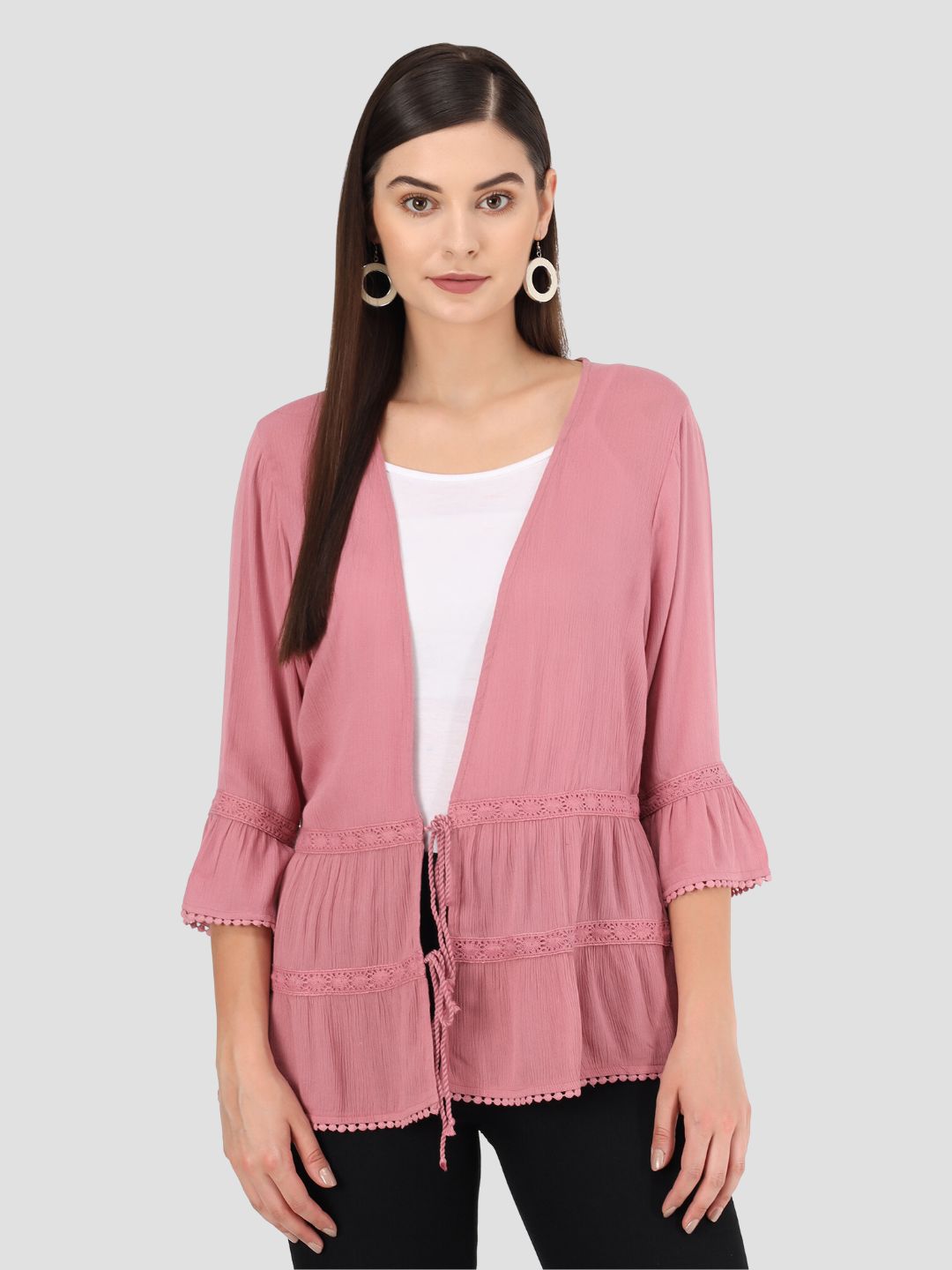 Beatnik Solid Casual Wear 3/4th Sleeve Pink Long Shrugs