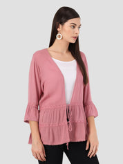 Beatnik Solid Casual Wear 3/4th Sleeve Pink Long Shrugs