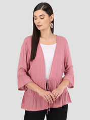 Beatnik Solid Casual Wear 3/4th Sleeve Pink Long Shrugs