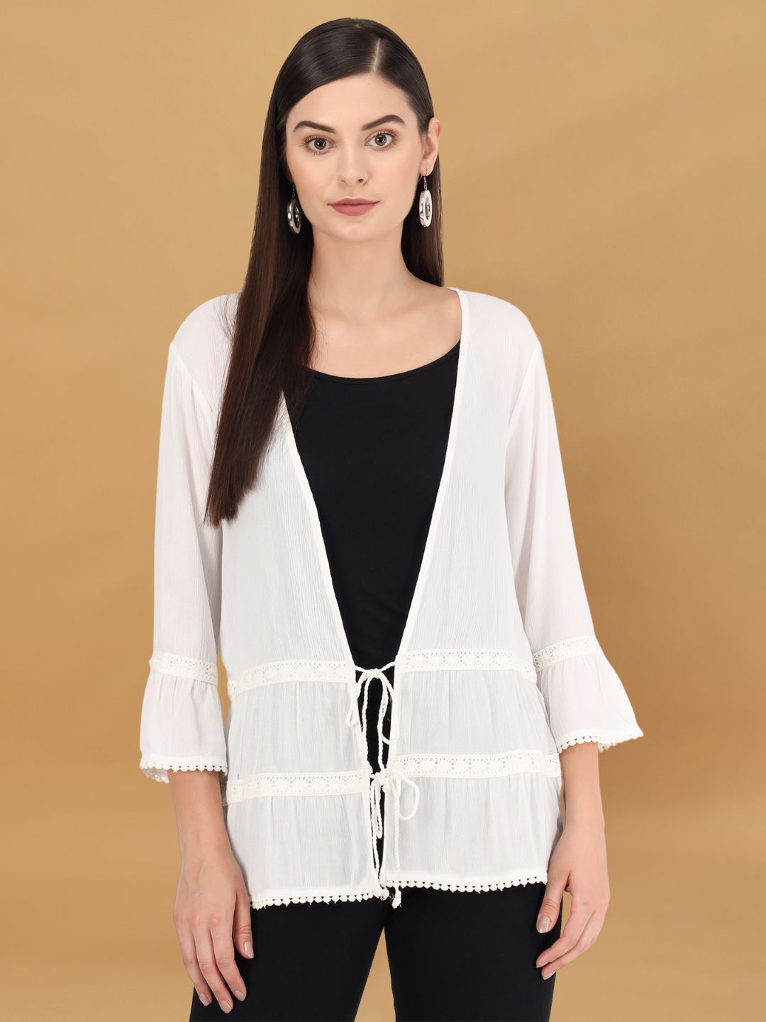 Beatnik Solid Casual Wear 3/4th Sleeve White Long Shrugs