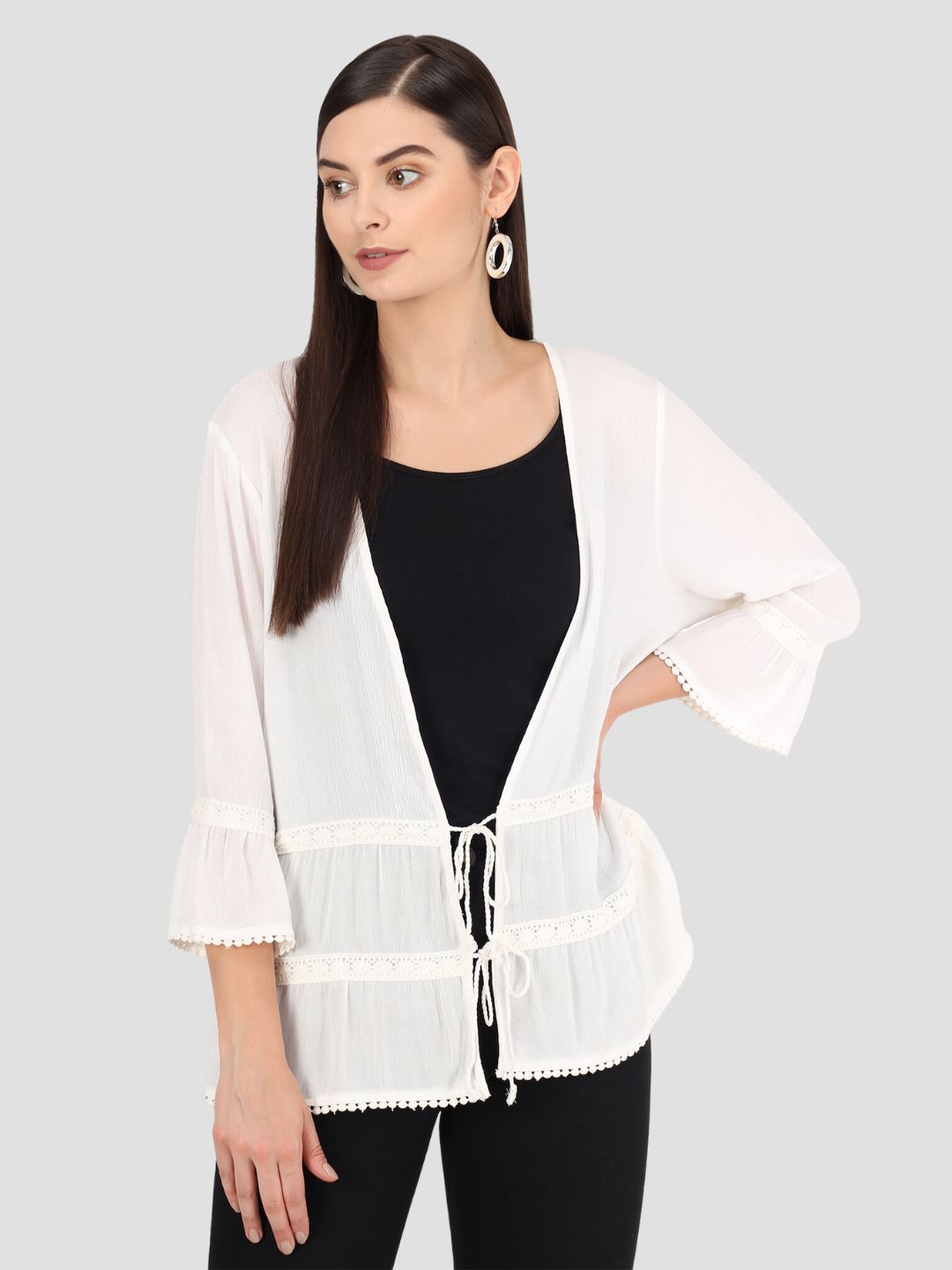 Beatnik Solid Casual Wear 3/4th Sleeve White Long Shrugs