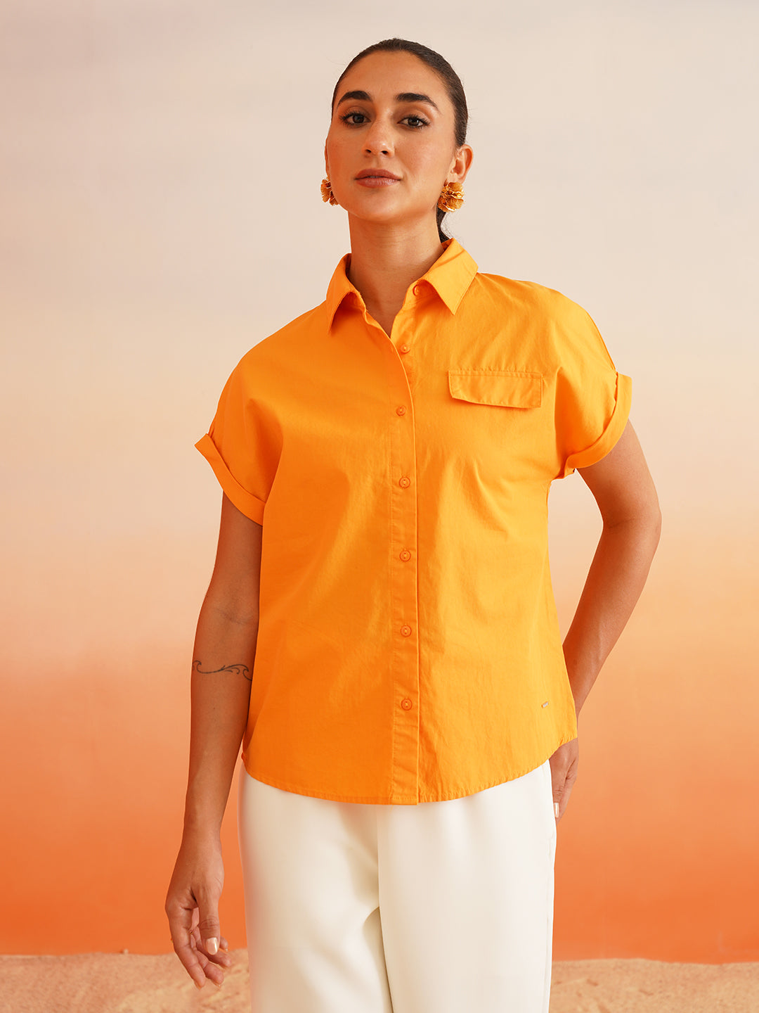 Elevate Orange Drop Shoulder Poplin Shirt Beatnik