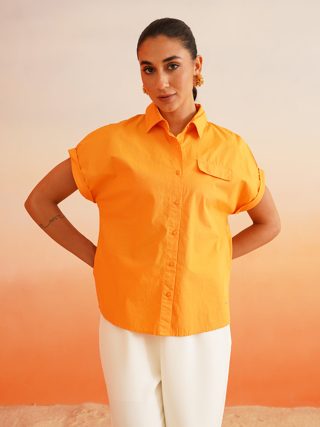 Elevate Orange Drop Shoulder Poplin Shirt Beatnik