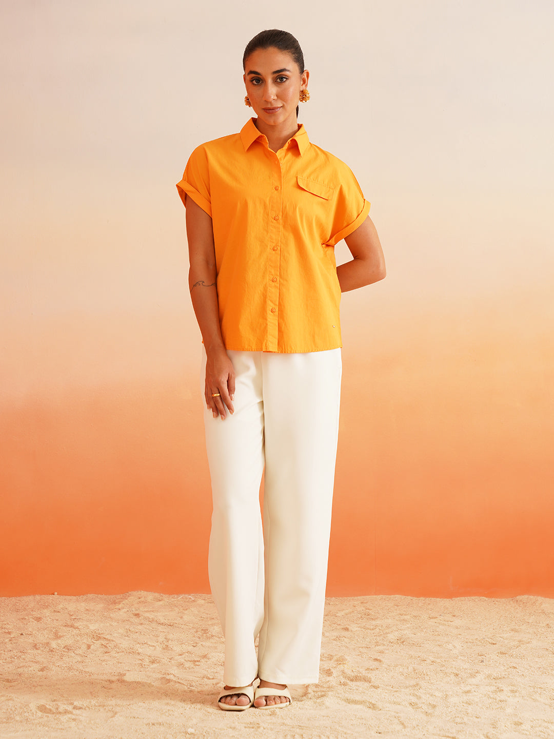 Elevate Orange Drop Shoulder Poplin Shirt Beatnik