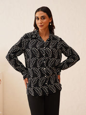 Elegant Black Cotton Schiffli Shirt with Pearl Buttons