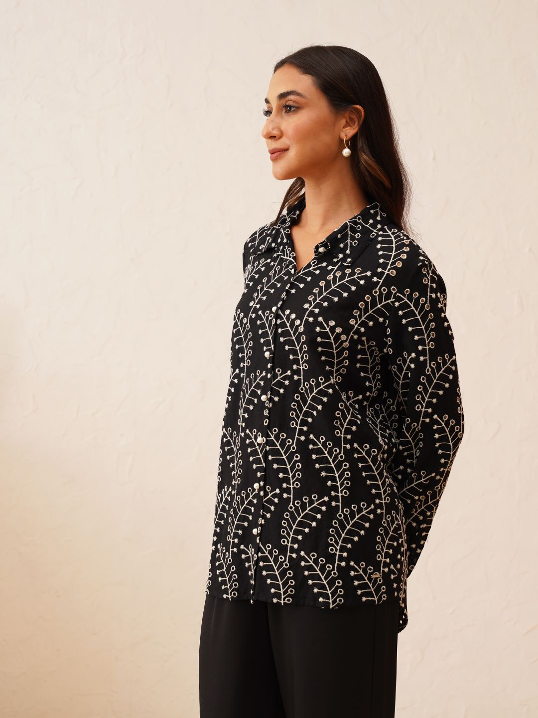 Elegant Black Cotton Schiffli Shirt with Pearl Buttons