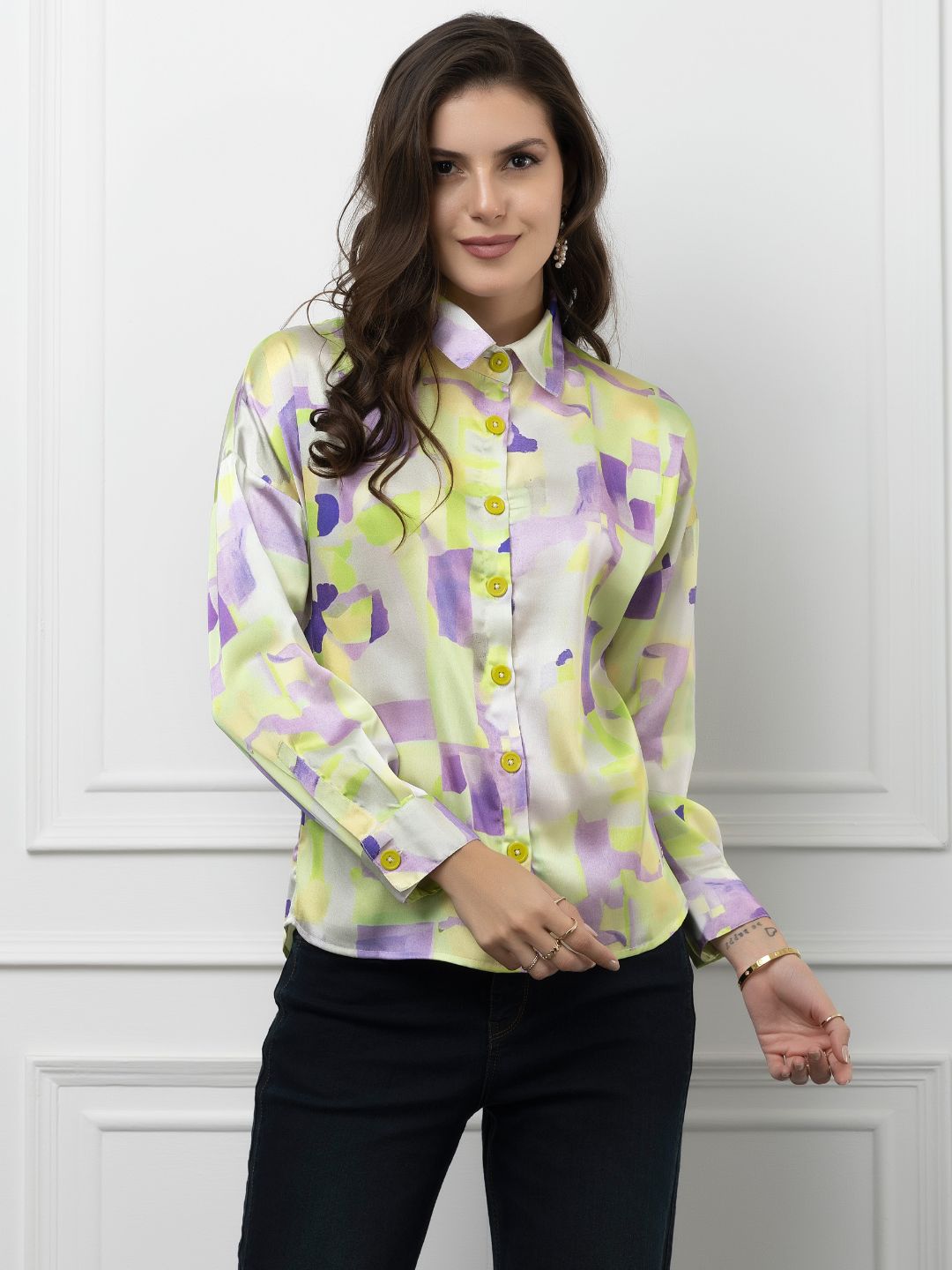 Beatnik Green Spread Collar Satin Womens Western Shirt Beatnik India